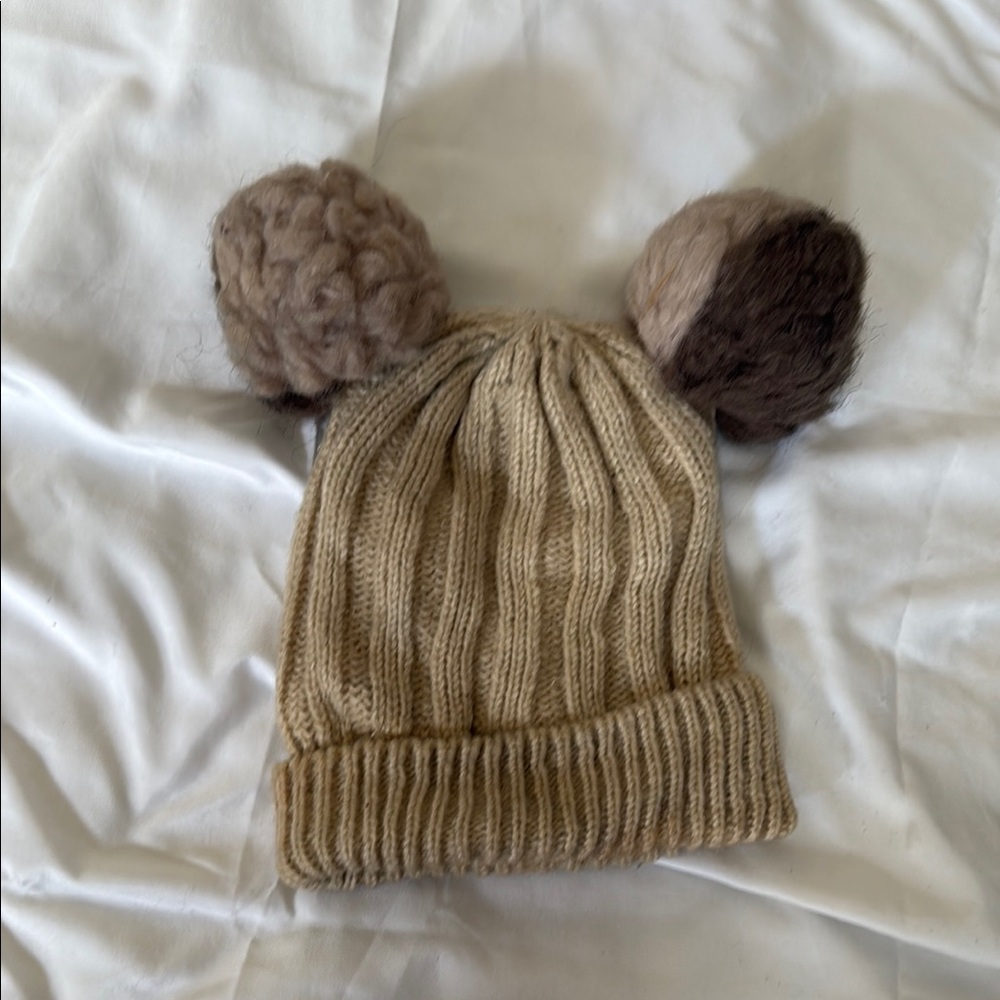 Cozy Tan Knit Beanie with Pom Poms